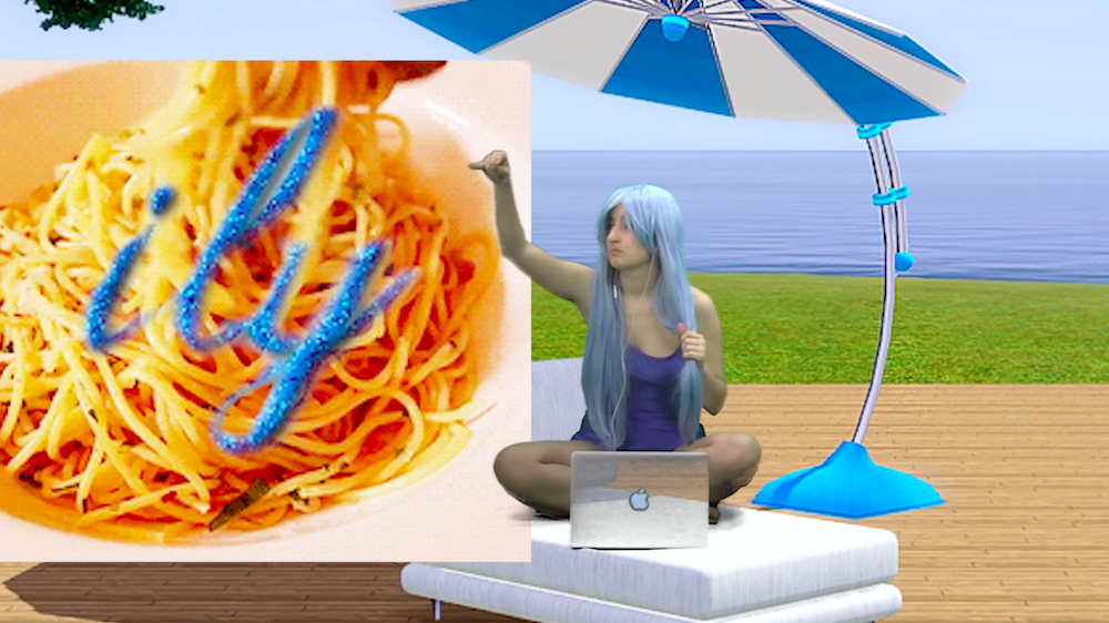 Gab is wearing a long blue wig which is inserted over a weird digital scene, sunny grassy background, sun bed, next to her a square of spaghetti with the glitter blue writing I L Y