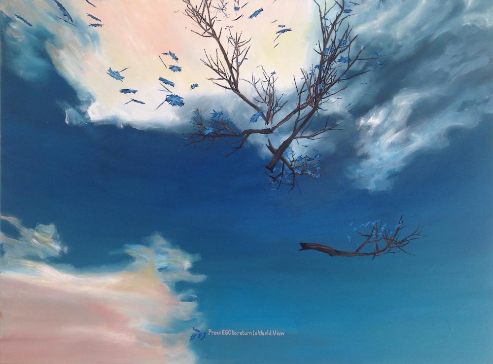 a blue cloudy sky with bits of trees cut up and floating in and amongst the blue, they are digital clipped images taken from the perspective of a game, standing so close to the tree that it breaks up