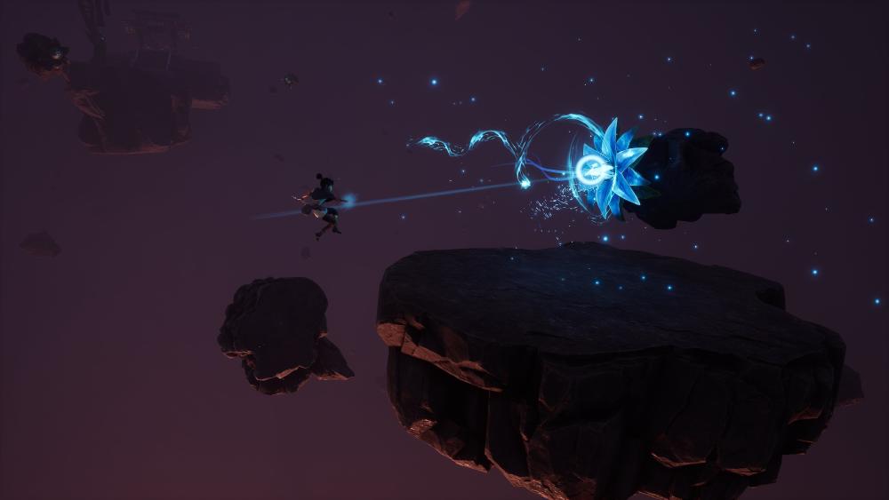a brown abyss has a few floating rocks in the air, and kena is jumping between them using her staff - that has a glowing blue rock at the top of it - to magnetise herself to special blue flowers that glow in the same way