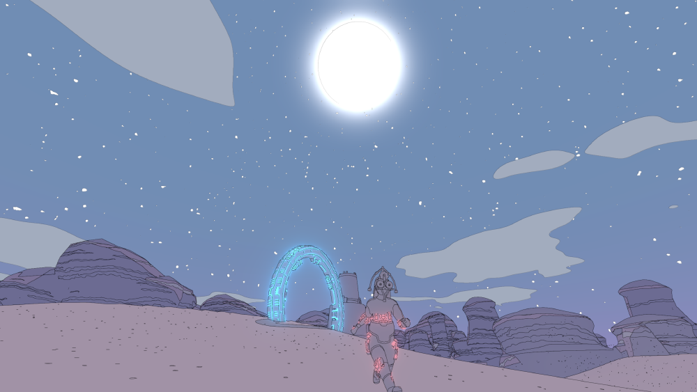 sables runs past a glowing blue arch under a huge moon, wearing a strange mask