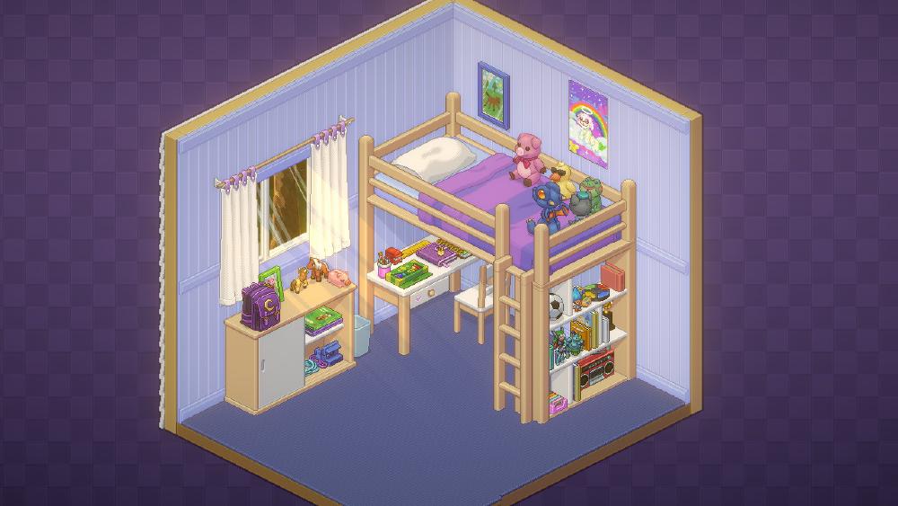 an isometric pixel art image of a kid's bedroom, with one of those bunkbed arrangements where the bottom bunk is cleared for space for a desk and chair and bookshelves. There are teddies on the bed of a pig a duck a frog, and a poster with a rainbow too, all pastel colours, pinks and purples, a tidy cute room