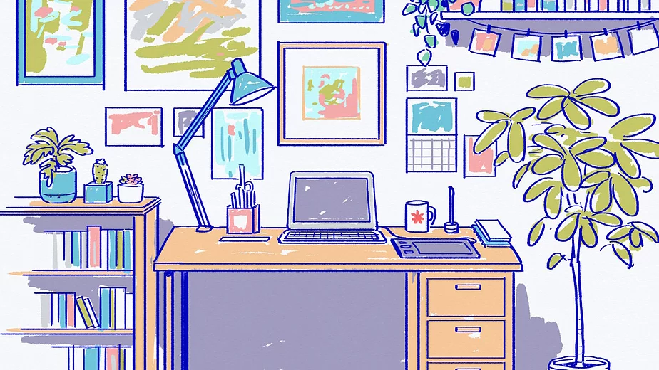 a shot of Florence&rsquo;s desk, with a laptop at the centre, a lamp, plants either side, and tonnes of images on the wall in a bright colourful scene