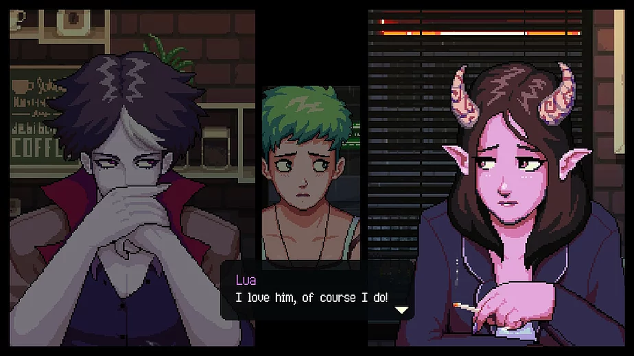 three characters in pixel art are visible in a comic split screen style with a man, a woman with green hair, and a pink girl with horny