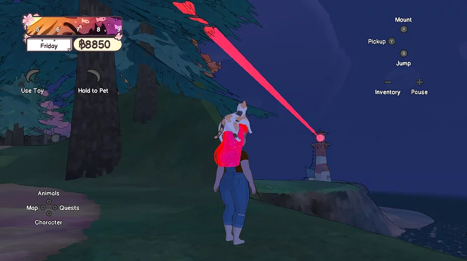 the girl is stood at the edge of a cliff at night looking at a lighthouse in the distance which is shooting out a bright red neon beam across the sky, and the girl also has a calico cat draped across her head