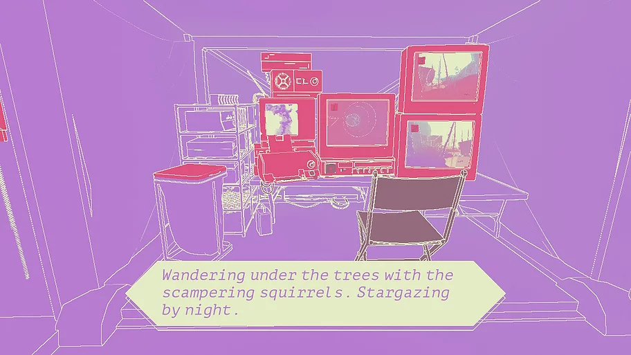  a caption says &lsquo;wandering under the trees with the scampering squirrels. stargazing by night&rsquo; in front of a desk full of televisons where there is an empty camping chair