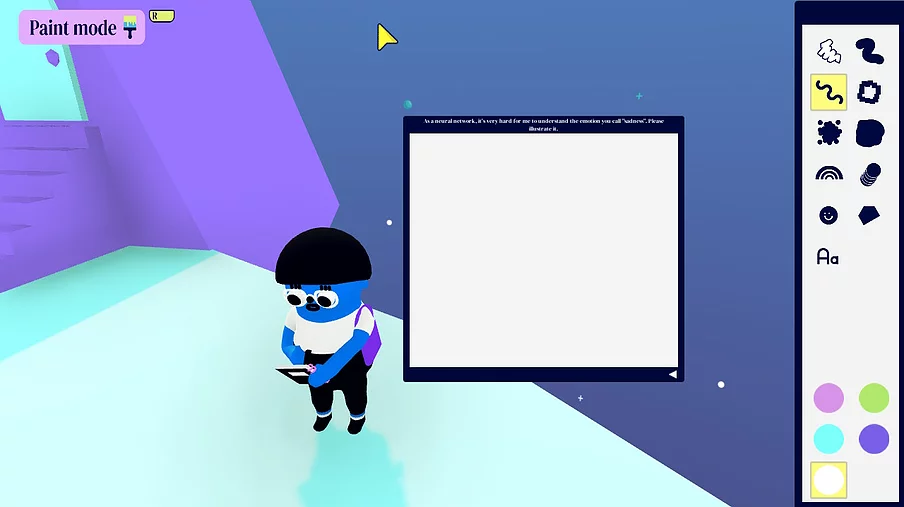 a tiny person with a bowl cut, blue skin, and a toat bag stands looking at a sketchbook which we can see next to them in a computer-style paint window with different tools and colours to choose from