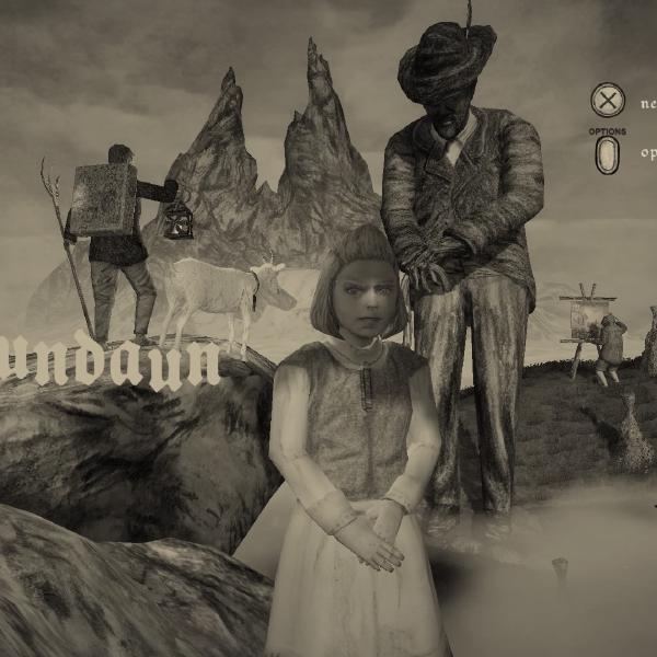 the title screen for Mundaun which shows the characters in the game, a young girl, an old man, and a young man, standing at different heights on a mountainous scene with a goat and a lantern and mist