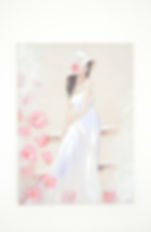 a painting of a woman in a white dress with big pink flowers to her side
