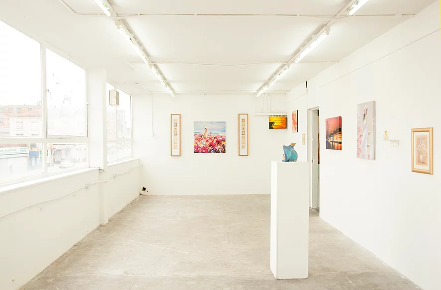 a shot from the opposite end shows another wall where more paintings are continued
