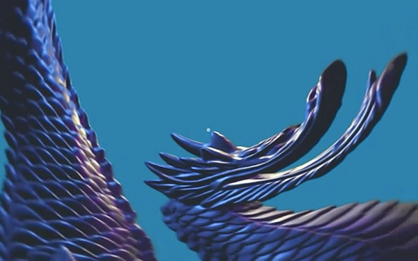 a cgi dragon is stretched and warped across the screen in purple and blues