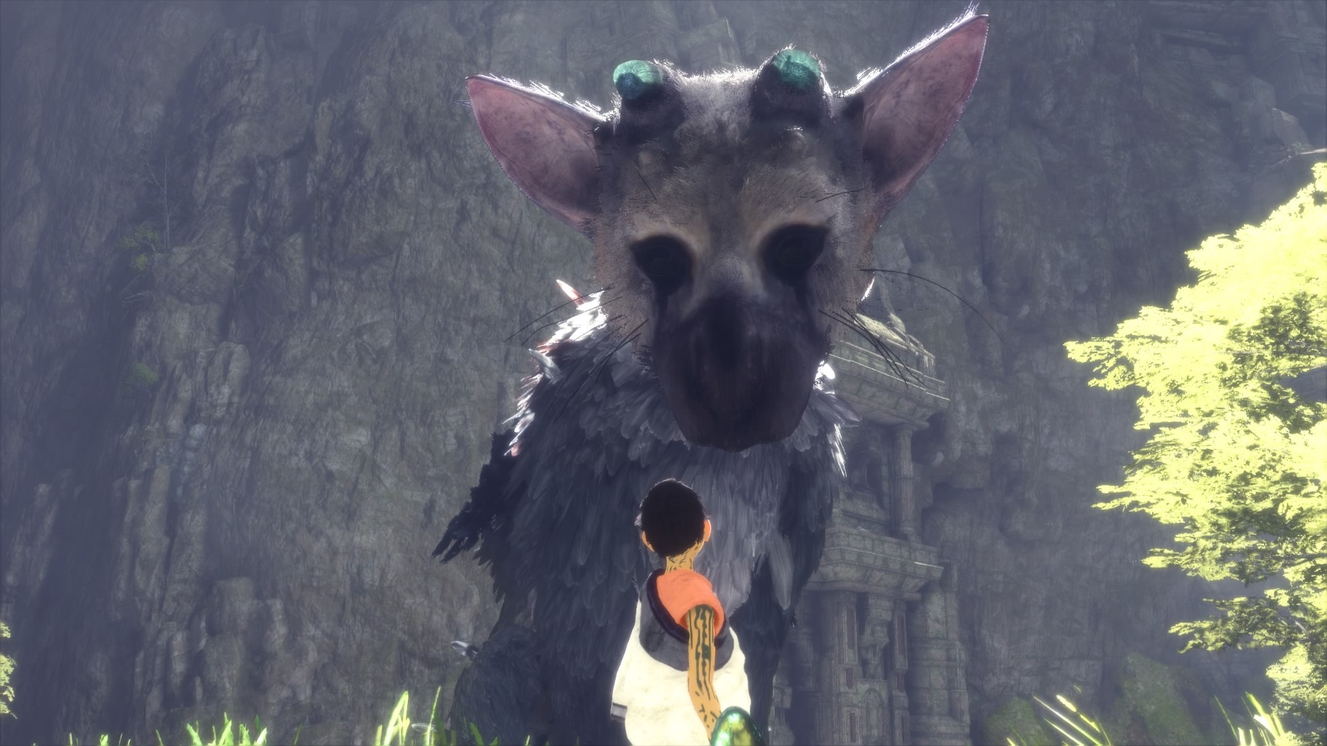 a tiny child looks up at a big grey creature that looks like a grey cat, bird-like, pinkish ears, broken blue horns, and black marks below its eyes like a clown