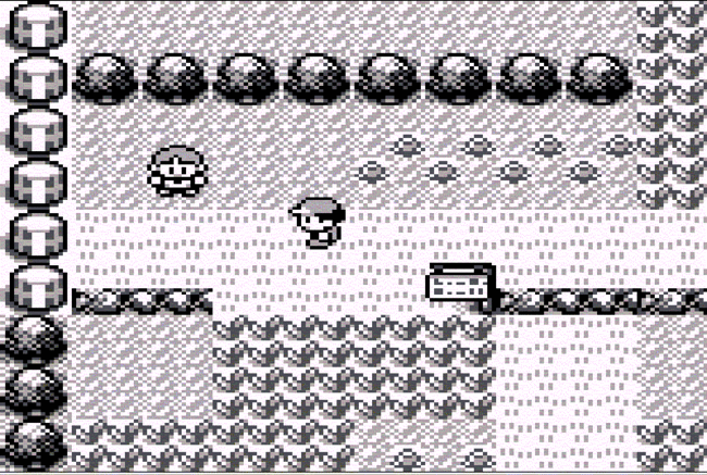 a screenshot from early pokemon, black and white, chunky pixels, the character is walking through grass and paths