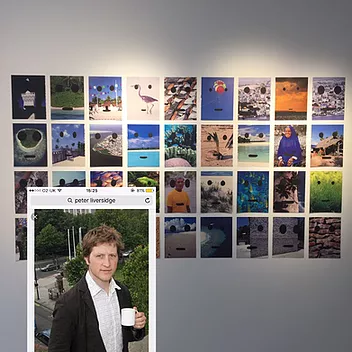 loads of random images on a wall like the sky, grass, a wall, an island, a bird, and each of them has eyes and a mouth in black on top. Then, over the image, edited by Zarina i believe, there&rsquo;s a picture of the artist, a white man holding a white teacup