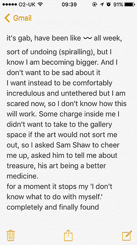 a notes app note from Gabrielle says she feels this change going on inside of her but she didnt want to take that vulnerability to the gallery, so she asked an artist in the studio with her to cheer her up with his art