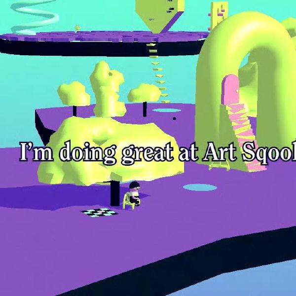 the words 'I'm doing great at art school' appear over a zoomed out part of the game's map, which is colourful bending flat shapes on a plane