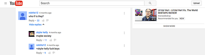 screenshots of youtube comments under a lil uzi vert video saying who the fuck is they