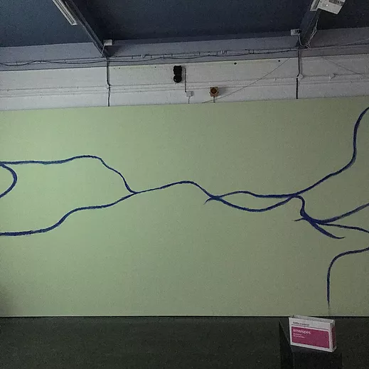 some blue wavy lines are drawn across the stretch of wall like a map, a path, or veins