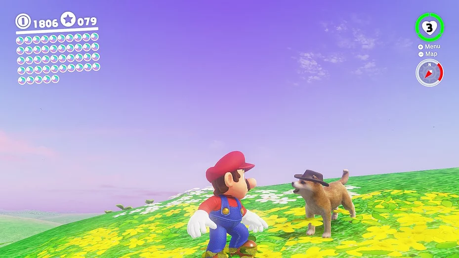 Mario is stood on a flowery hill looking at the dog from Nintendogs which is wearing a little brown hat lol