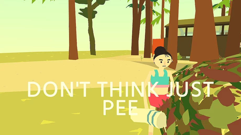 a young white girl is stood next to a bush with the words 'don't think just pee'