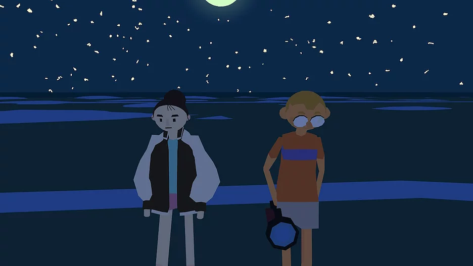 a white girl and a white boy are stood next to each at night on a beach under the stars, and the boy is holding a flash light but it&rsquo;s turned off