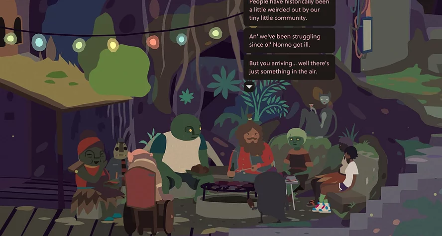 a bunch of characters are sat around a table of food outside below a string of coloured lights. Everyone looks different. Different colours - green, brown, grey, different sizes, hair styles, clothes.