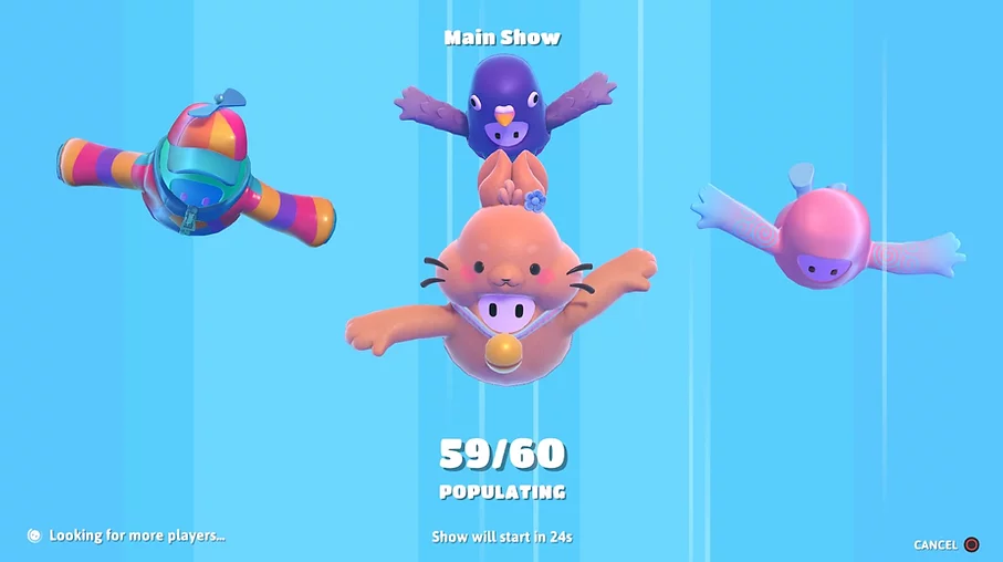 four characters float on the loading screen, and we can see four skins: a bunny, a colourful retro style jacket and cap, a pigeon, and a pink and blue spiral pattern