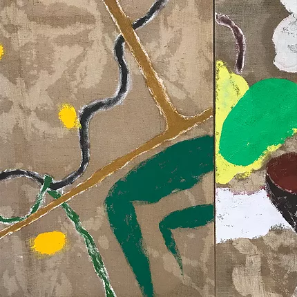 a close up of where the two paintings next to each on the wall meet, where the lines in each painting stop and do not follow the pattern across