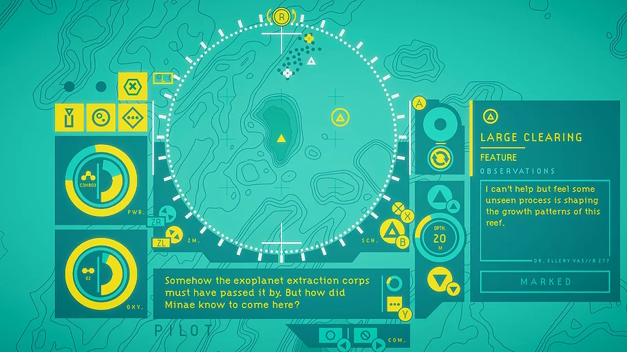 a turqupose screen with white and yellow and teal details on screen shows a complicated user interface that is examining a topography, a large clearing inside a compass