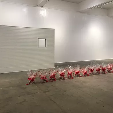 a white screen stretches across the gallery space, like a thin wall, and in front of it there is a row of white mugs with the words THE BOSS written on them are wrapped in clear cellophane with huge bows like really over the top gift presentation