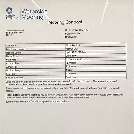 a waterside mooring contract for Cameron Rowland at Albert Dock, Liverpool, for two thousand seven hundred and ten pounds