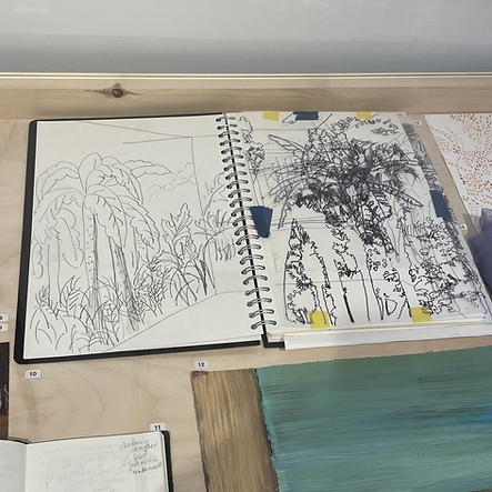 an open sketchbook in the vitrine shows scribbly pencil drawings of trees
