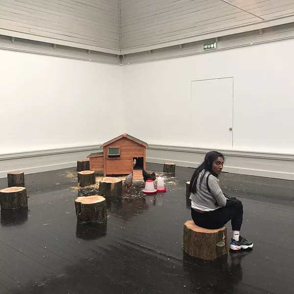 zarina sits on one of the small logs looking back at the camera with wide eyes, looking disgruntled, while behind her there is a chicken coop and real chickens walking around the gallery