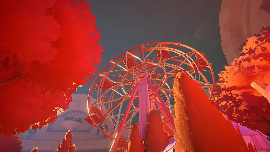 a fairground round in golden hour lighting amongst trees in the same burnt orange glow