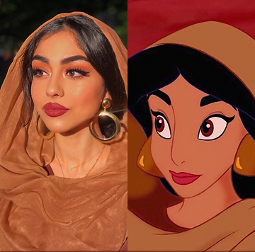 a side by side image of a desi girl styled to match an image of Jasmine, with the same makeup, earrings, and headscarf