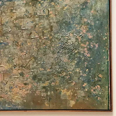 a close up of a corner of a different painting that is blue and beige and green with a thick palette knife texture and parts that look a little built up