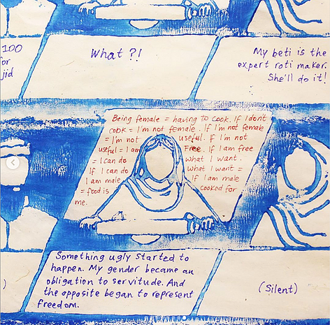 a section of the comic shows the outline of a woman in a headscard holding a rolling pin making rotli and the words below say &lsquo;something ugly started to happen. My gender became an obligation to servitude. And the opposite began to represent freedom&rsquo;
